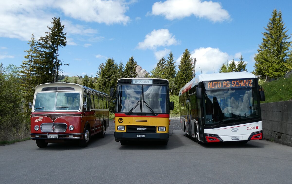 (286'899) - Dysli, Bern - Nr. 18/BE 17'120 - FBW/FHS (ex P 23'211; ex P 21'011) + Ruklic, Schaffhausen - SH 31'376 - NAW/Hess (ex AVG Meiringen Nr. 68/PID 964; ex P 24'454) + AAGS Schwyz - Nr. 6/SZ 5006 - eSolaris am 9. Mai 1016 in Ibergeregg, Passh�he