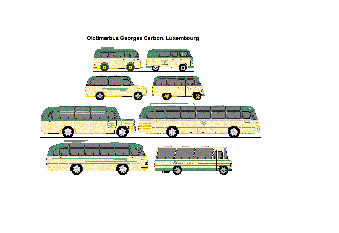 Carbon, Luxembourg - Peugeot D3 + VW T1 + Opel Blitz 1,75 to + Mercedes O 319 + Mercedes Benz O 3500 + Mercedes Benz O 320 + Mercedes Benz O 321H + Mercedes Benz O 308 