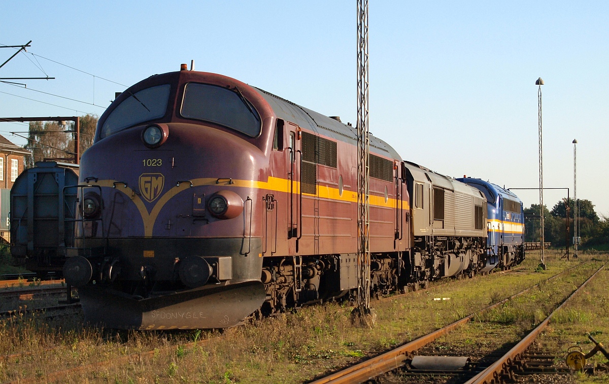 CFL Cargo MX 1023 und 266 032-2 sowie ContecRail MY 1158 abgestellt im dänischen Grenzbahnhof Pattburg(Padborg). 01.10.2011(üaVinG)