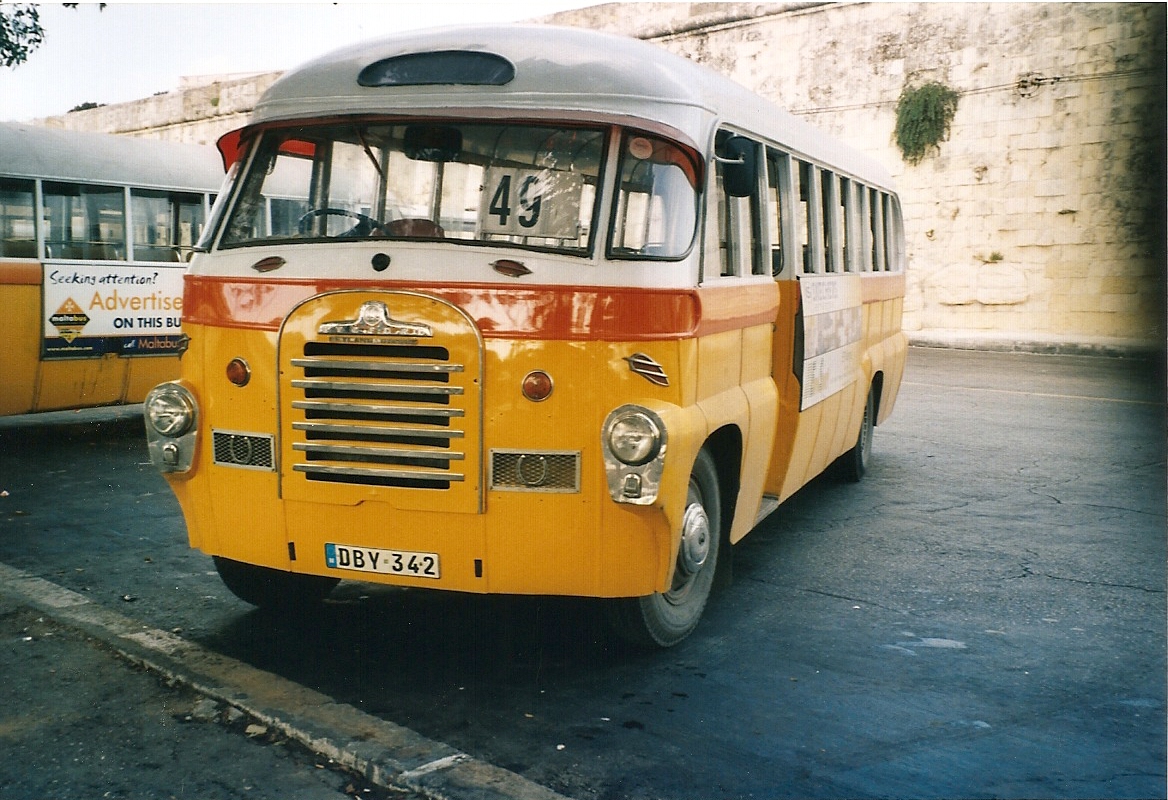 DBY 342 was a 1962 Bedford SBG, fitted with Aquilina B40F body.  It was also used on sister island Gozo, where it carried registration FBY 034.

Photographed in the layover area of Valetta Bus Station, Malta on 20th March 2011, the year all the  tradiional  Maltese buses were withdrawn.