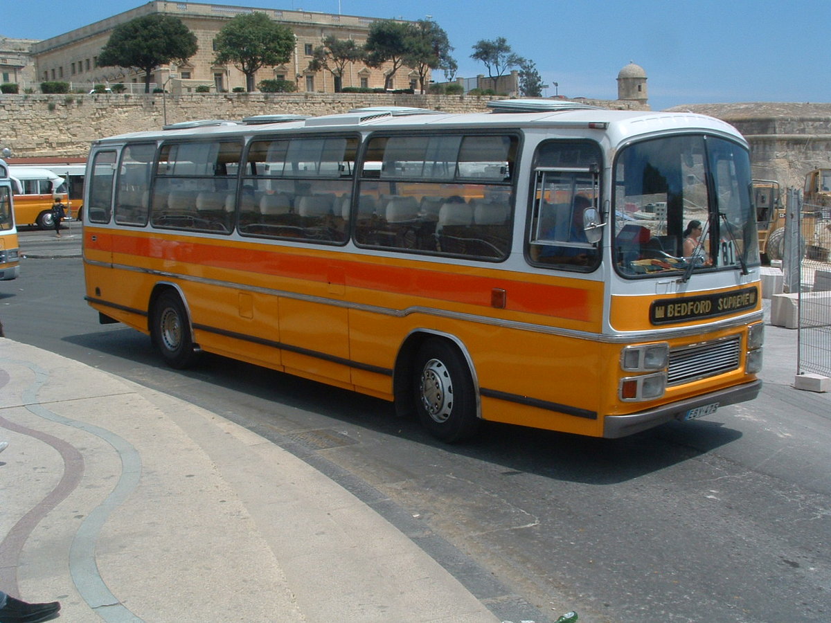 EBY 475
1978 Bedford YRQ
Plaxton Supreme C45F
New in the UK as SBV 284P to Florence, Morecambe.  Also operated on Isle of Man, registered A111 MAN.

Former Maltese reg - Y-0475.

Photographed 1st May 2010 in Valletta.