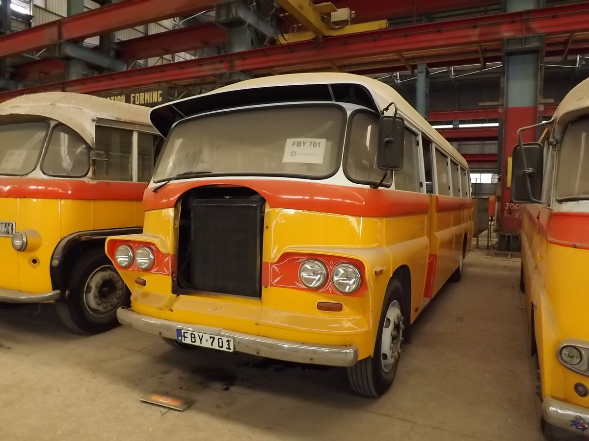 FBY 701
1959 Bedford Forward Control
Brincat B40F

Further to Markus' photo, posted in 2012, of Y-0701, this is how it ended up, 2 years after withdrawal in 2013.  A lot of items were removed from the vehicles in store, seats, bells and gauges from the interiors, wheels, glass and, as can be seen in this picture, grilles.  Luckily, very little was removed from DBY 401 before I acquired it.

Marsa, Malta 29th May 2013. 