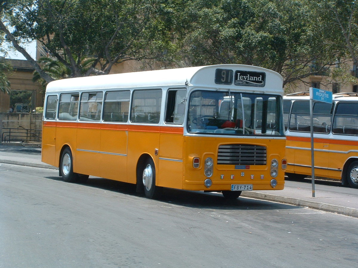 FBY 714
1975 Bristol LH6L
ECW B45F
New to Hants & Dorset, Bournemouth, Dorset, UK, carrying fleet number 3553 and registered GLJ 485N.  FBY 714 previously carried the Maltese registrations Y-1415 and Y-0714. Also of note is the use of the UK route number blinds - these were usually replaced with plastic numbers, as seen in previous posts.

Currently under restoration in the UK after being repatriated.

City Gate Terminus, Valletta, Malta 27th May 