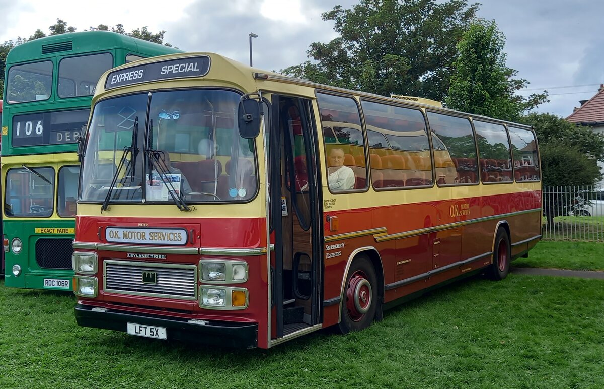 OK Motor Services, Bishop Auckland, County Durham, bought a batch of 6 Plaxton Supreme bodied Leyland Tigers in 1982 for use on private hires, tours and local service.  LFT 5X was the penultimate vehicle of the batch.  Unusual in being built with +earlier Plaxton Elite windscreens, Supreme V front panel and Plaxton Paramount rear (which was the bodywork style that Plaxtons were building).  Passing through various operators after sale by OK, such as Smiths of Brenzett and the reincarnation of OK Motor Services, based in Cambridge, LFT 5X returned north to Shildon, County Durham, based  The Eden , where it is used in a semi preserved role.

Pictured whilst attending a vehicle show in Seaburn, Sunderland, Tyne & Wear, on Monday 26th August 2024.
