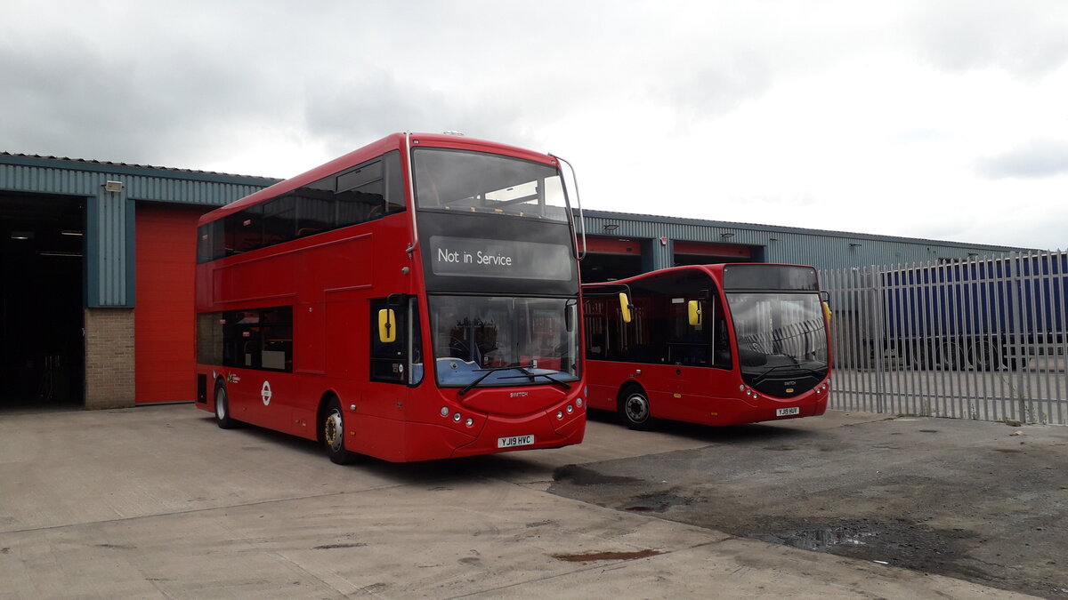 Photographed today, 11th August 2021 at Switch Mobility (Optare), Rotherham, are two buses from 2019, both being fully electric.
YJ19 HVC is a Switch Mobility MetroDecker, seating H41/22D, new to Metroline, London, and allocated fleet number OME2652.  Also used by Switch/Optare as a demonstrator.

YJ19 HUV is a B29F seated Switch Mobility MetroCity, used by Optare/Switch as a demonstrator.