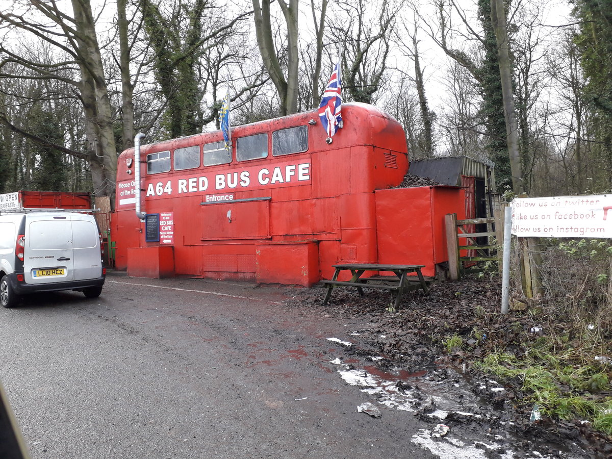 The famous  A64 Red Bus Cafe , situated on the outskirts of Leeds, West Yorkshire, UK, started life with Newcastle Corporation in 1968 as an Alexander H45/30D bodied Leyland Atlantean, registered SVK 607G.  After passing through various operators, it was converted into a static cafe, as seen here.

Photographed on York Road, Leeds, LS14 3AE on Monday 4th January 2021.
