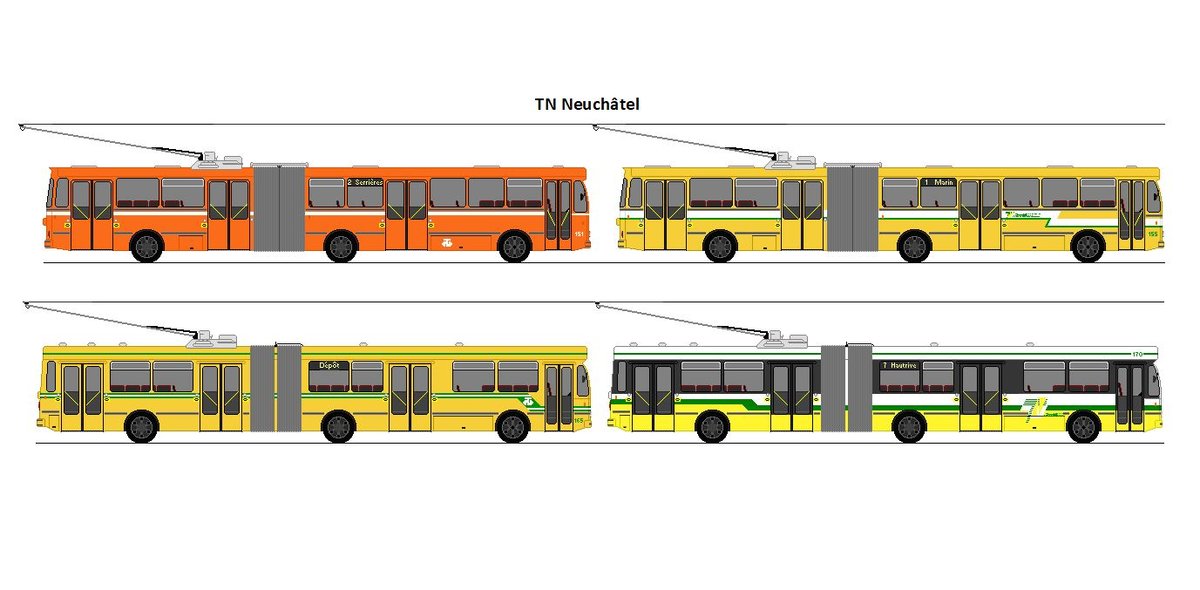 TN Neuch�tel - Nr. 151 (ex Nr. 51) + Nr. 155 (ex Nr. 55) + Nr. 165 + Nr. 170 - FBW/Hess 91 GTS Gelenktrolleybusse