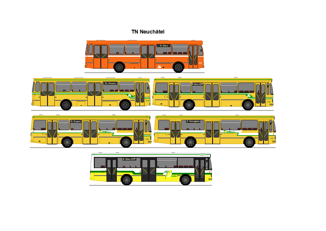 TN Neuch�tel - Nr. 201/NE 26'101 - FBW/Hess 71U55L (ex Nr. 101) + Nr. 204/NE 21'104 - FBW/Hess 71U55L (ex Nr. 104) + Nr. 211/NE 46'211 + Nr. 214/NE 63'214 + Nr. 218/NE 21'218 + Nr. 220/NE 58'220 - Volvo/Hess B10M-55