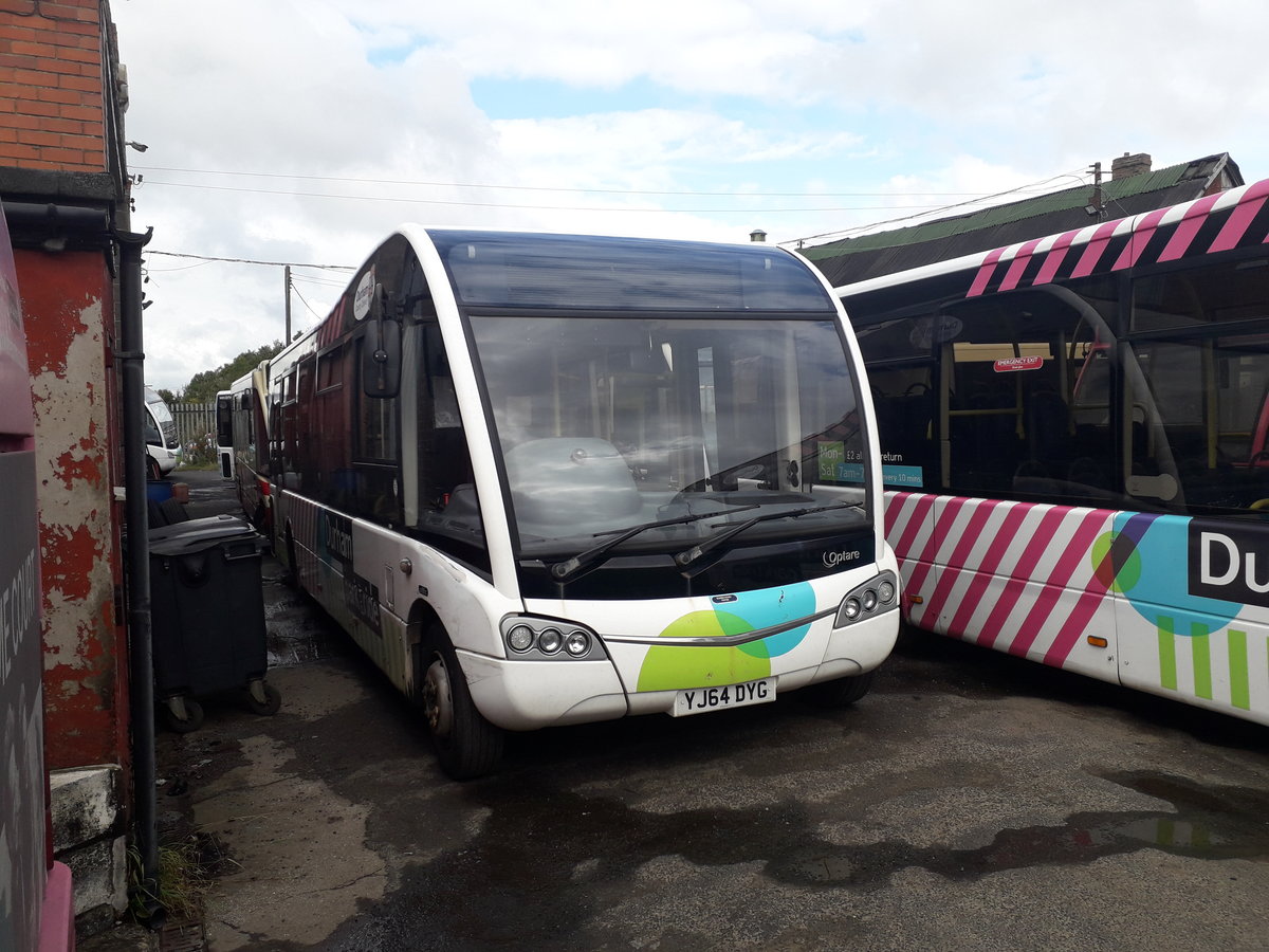 YJ64 DYG
2014 Optare Solo SR
Optare B32F
New to Scarlet Band Bus & Coach Limited, West Cornforth, County Durham, England.  One of ten for Durham City Park & Ride services.

Photographed at Scarlet Bands' depot at West Cornforth, County Durham, England, on 4th October 2020.