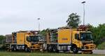 Goldschmidt/Bravida LRB 26 ID 15731 und 15738 (Volvo 330 Basis, Oberleitungs-Wartungsfahrzeuge) wurden kurz vor der Aufnahme  aufgegleist  und warten nun auf ihre Aufgaben. Pattburg/DK 22.05.2026