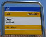 (180'348) - PostAuto-Haltestellenschild - Wald AR, Dorf - am 22.