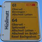 (170'104) - BLT-Haltestellenschild - Oberwil, H�slimatt - am 16.