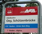 (127'964) - AFA-Haltestellenschild - Adelboden, Oey, Sch�tzenbr�cke - am 11.