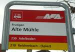 (130'995) - AFA/PostAuto-Haltestellenschild - Frutigen, Alte M�hle - am 15.