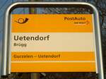 (133'307) - PostAuto-Haltestellenschild - Uetendorf, Br�gg - am 16.