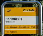 (230'081) - PostAuto-Haltestellenschild - Unterseen, Hohm�edig - am 7. November 2021