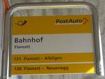 (215'573) - PostAuto-Haltestellenschild - Flamatt, Bahnhof - am 27. M�rz 2020
