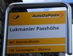 (264'292) - PostAuto-Haltestellenschild - Lukmanier, Passh�he - am 2. Juli 2024
