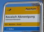 (202'636) - PostAuto/SkiBus-Haltestellenschild - Samnaun-Ravaisch, Ravaisch Abzweigung - am 20. M�rz 2019