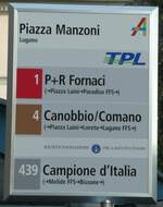 (242'840) - TPL/SOCIET� NAVIGAZIONE DEL LAGO LUGANO-Haltestellenschild - Lugano, Piazza Manzoni - am 16.