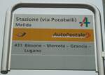 (147'764) - PostAuto-Haltestellenschild - Melide, Stazione (via Pocobelli) - am 6.