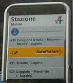 (147'770) - SOCIET� NAVIGAZIONE DEL LAGO DI LUGANO/PostAuto-Haltestellenschild - Melide, Stazione - am 6.