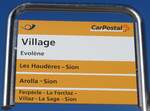 (201'751) - PostAuto-Haltestellenschild - Evol�ne, Village - am 24. Februar 2019