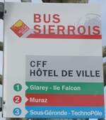 (189'722) - BUS SIERROIS-Haltestellenschild - Sierre, CFF H�tel de Ville - am 30.